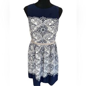 Ann Taylor Loft sleeveless lined paisley dress, navy/taupe/cream, size 4
